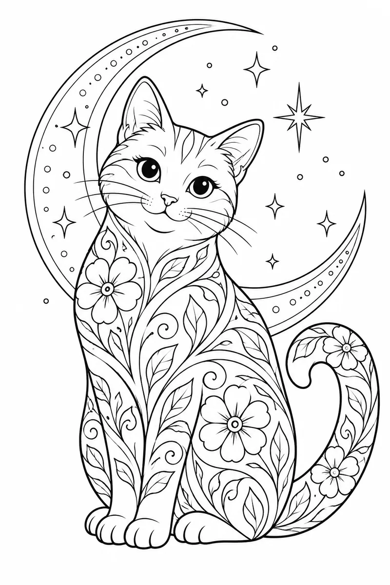 Cat and Crescent Mandala coloring page