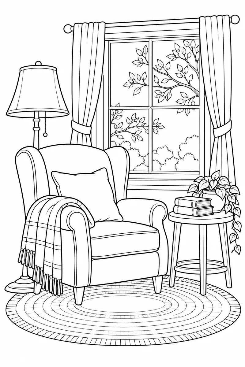 Cozy Reading Nook coloring page