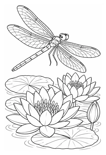 Dragonfly over Water Lilies coloring page