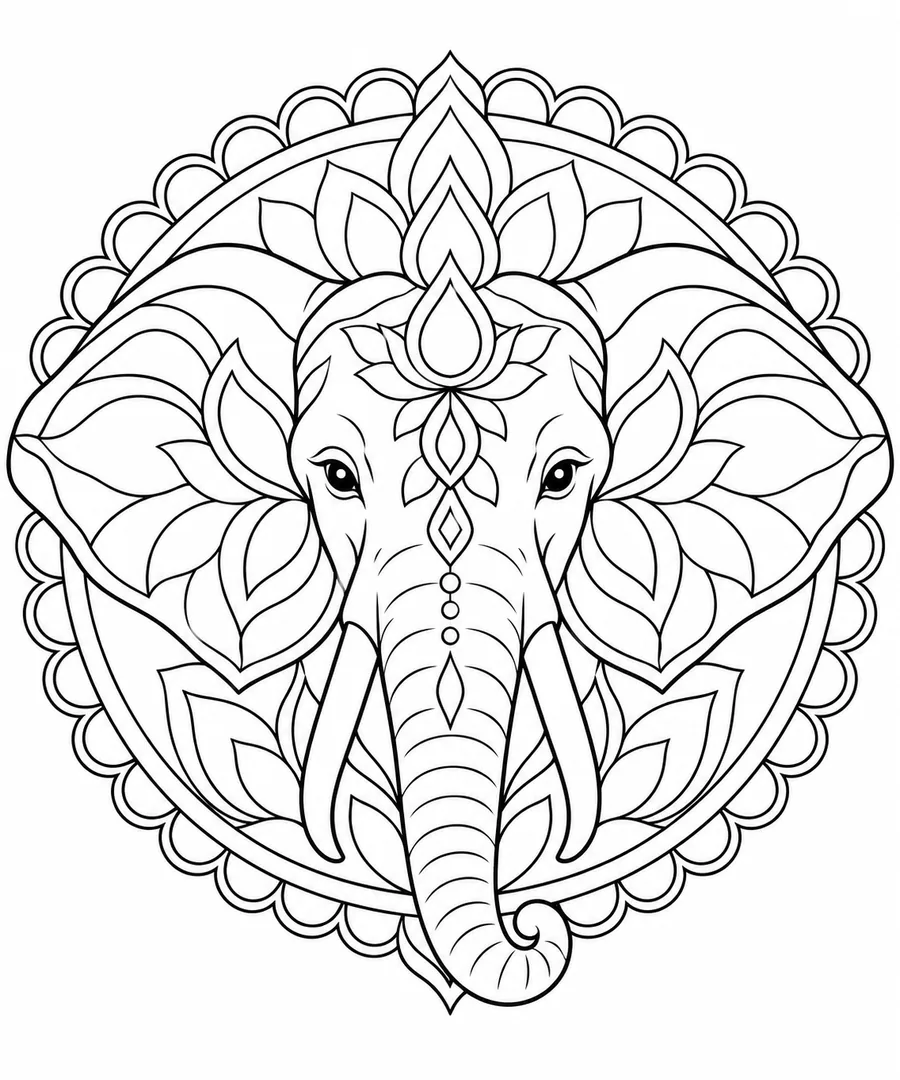 Elephant and Lotus Mandala coloring page