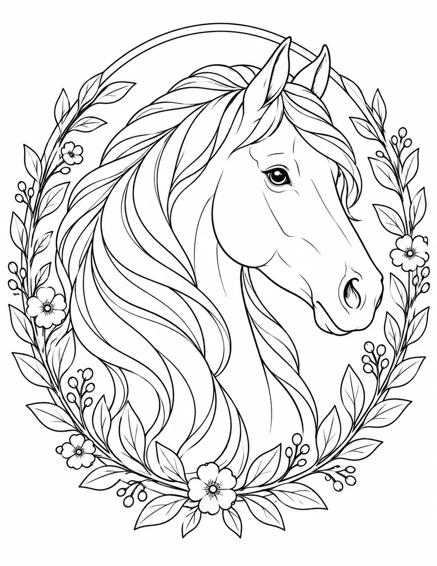 Horse and Meadow Mandala coloring page