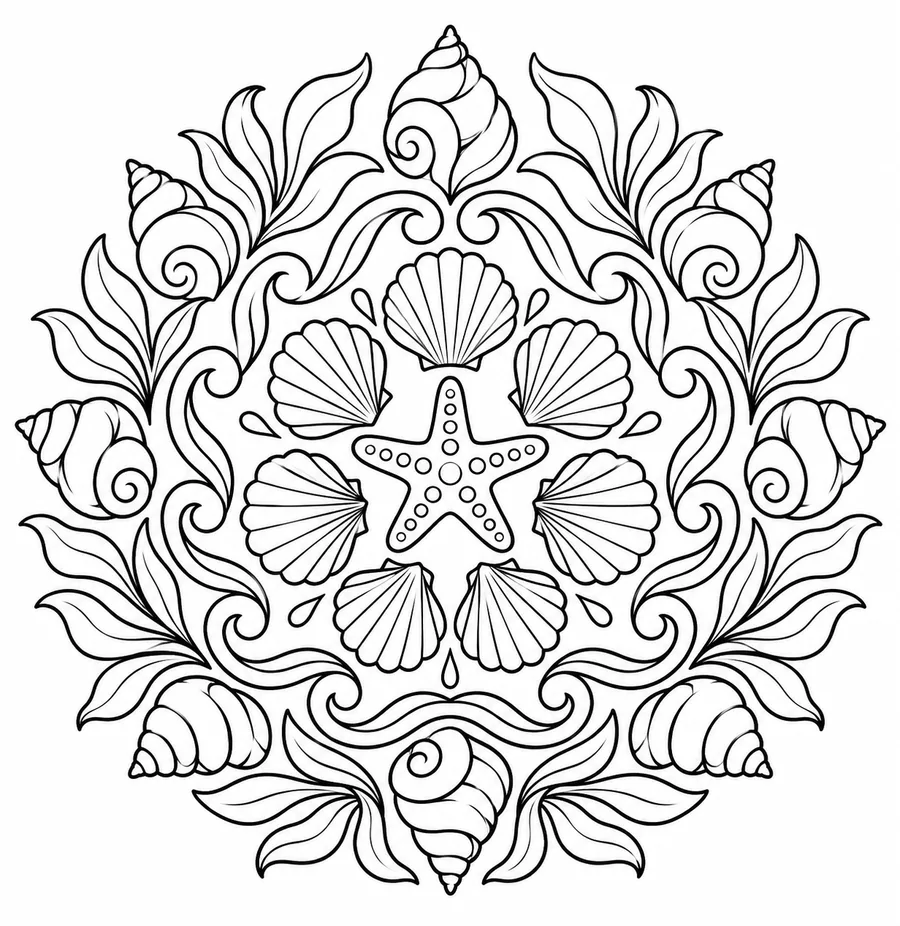 Seashell and Tide Mandala coloring page