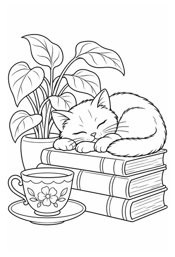 Sleepy Cat and Books coloring page