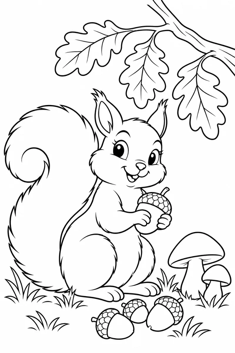 Squirrel and Autumn Acorns coloring page