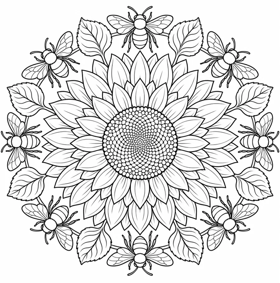 Sunflower and Bee Mandala coloring page