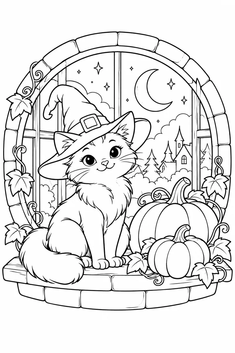 Witch Cat at the Window coloring page