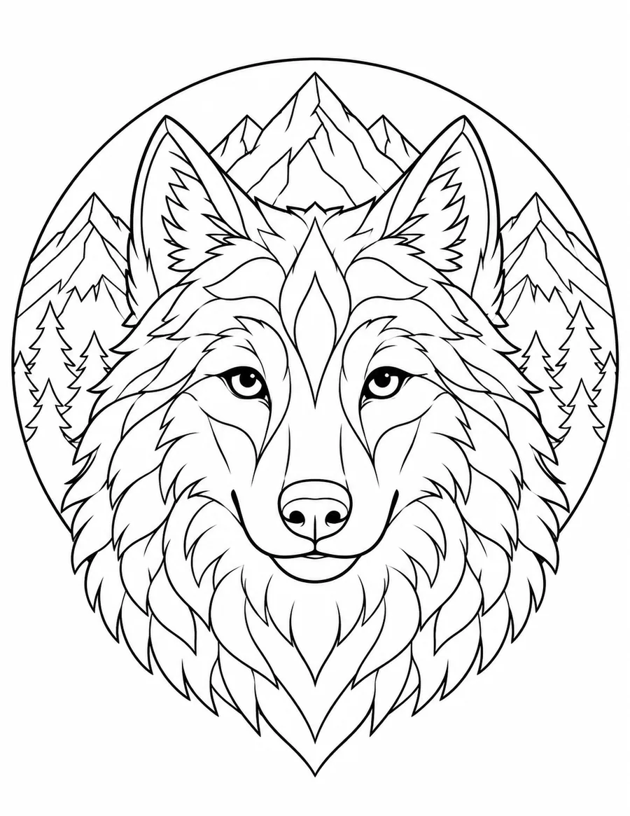 Wolf and Mountain Mandala coloring page