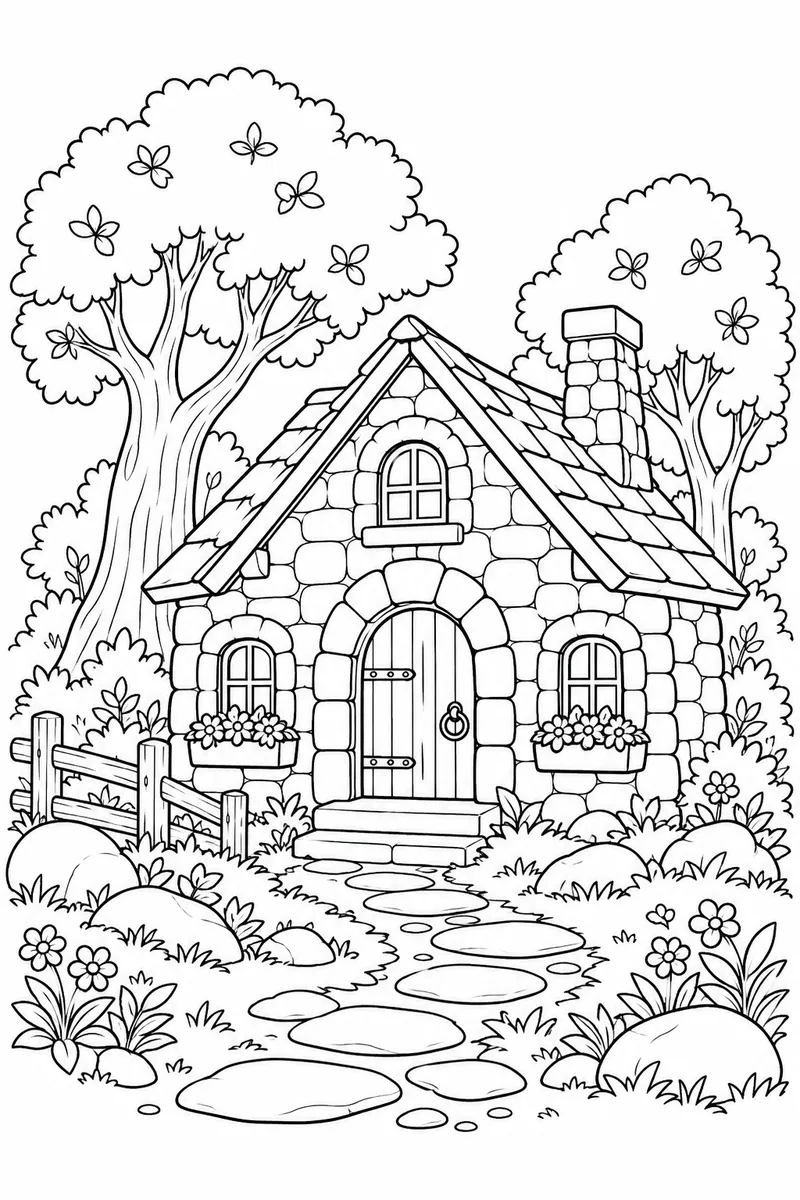 Woodland Stone Cottage coloring page