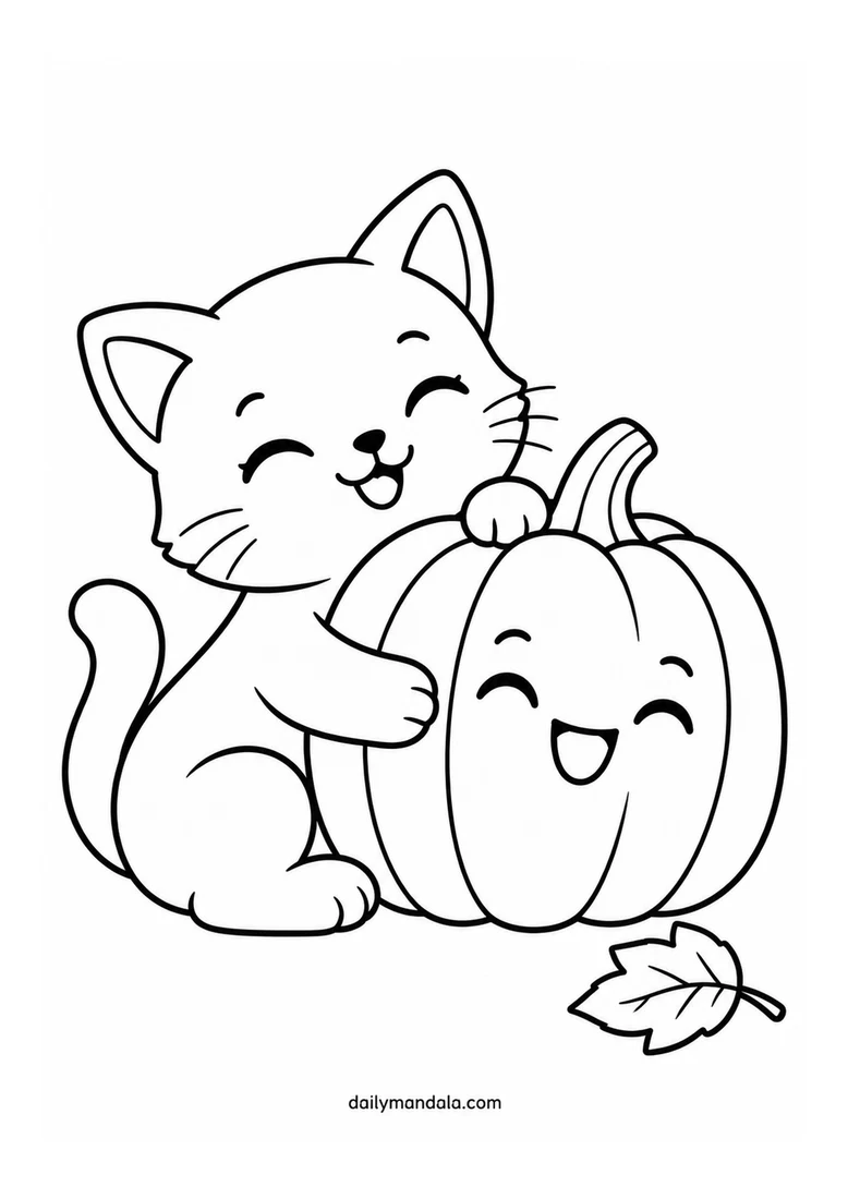 Kitten Hugging a Pumpkin coloring page