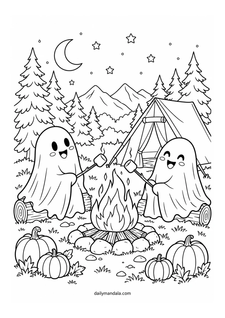 Ghost Campfire Marshmallow Night coloring page