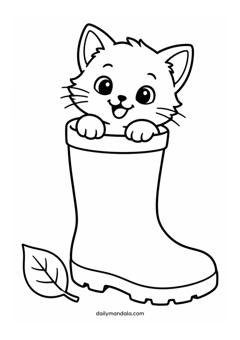 Kitten Peeking from a Rain Boot coloring page