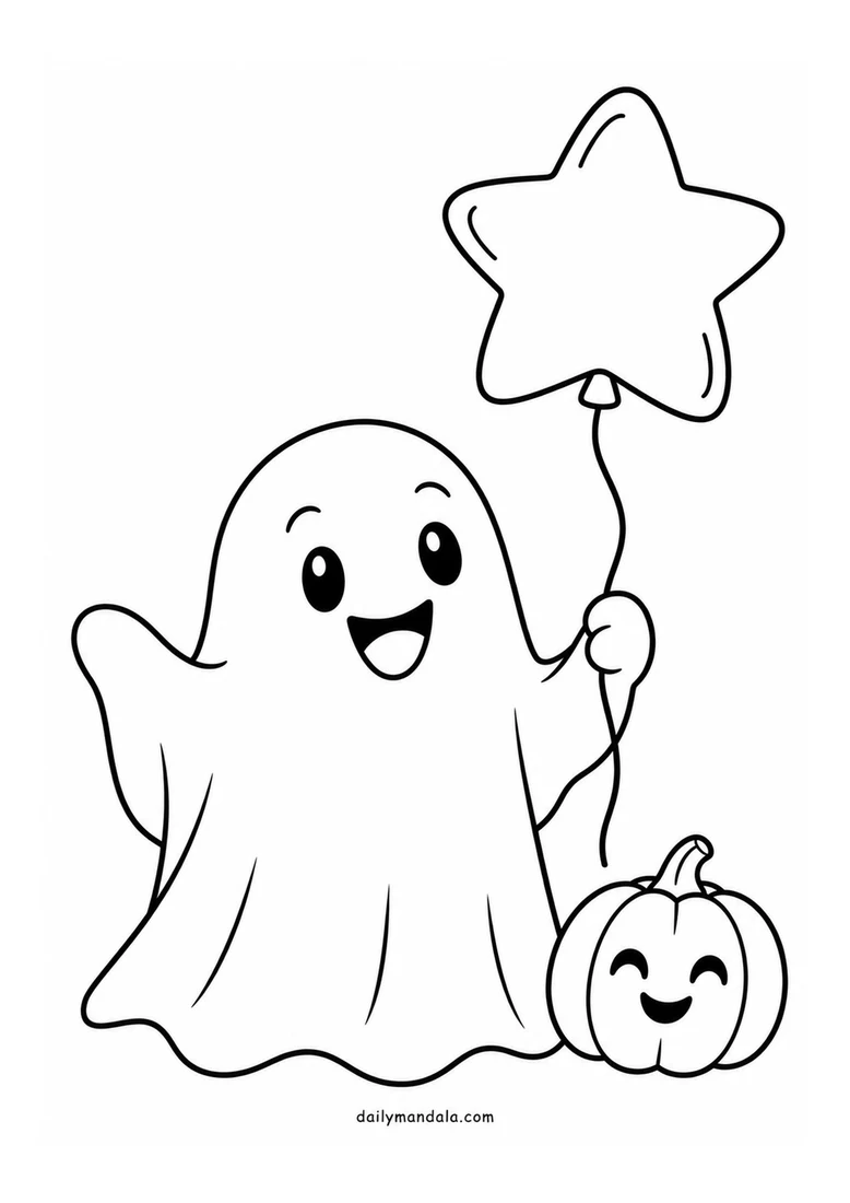 Easy Ghost and Star Balloon coloring page