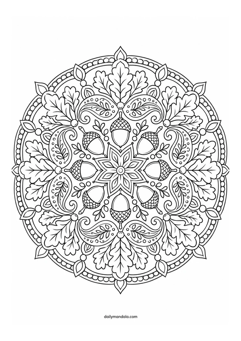 Acorn Paisley Harvest Mandala coloring page