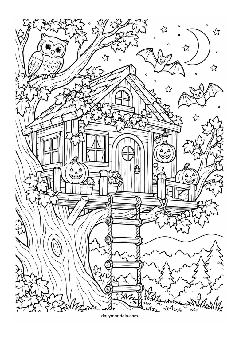 Halloween Treehouse Adventure coloring page