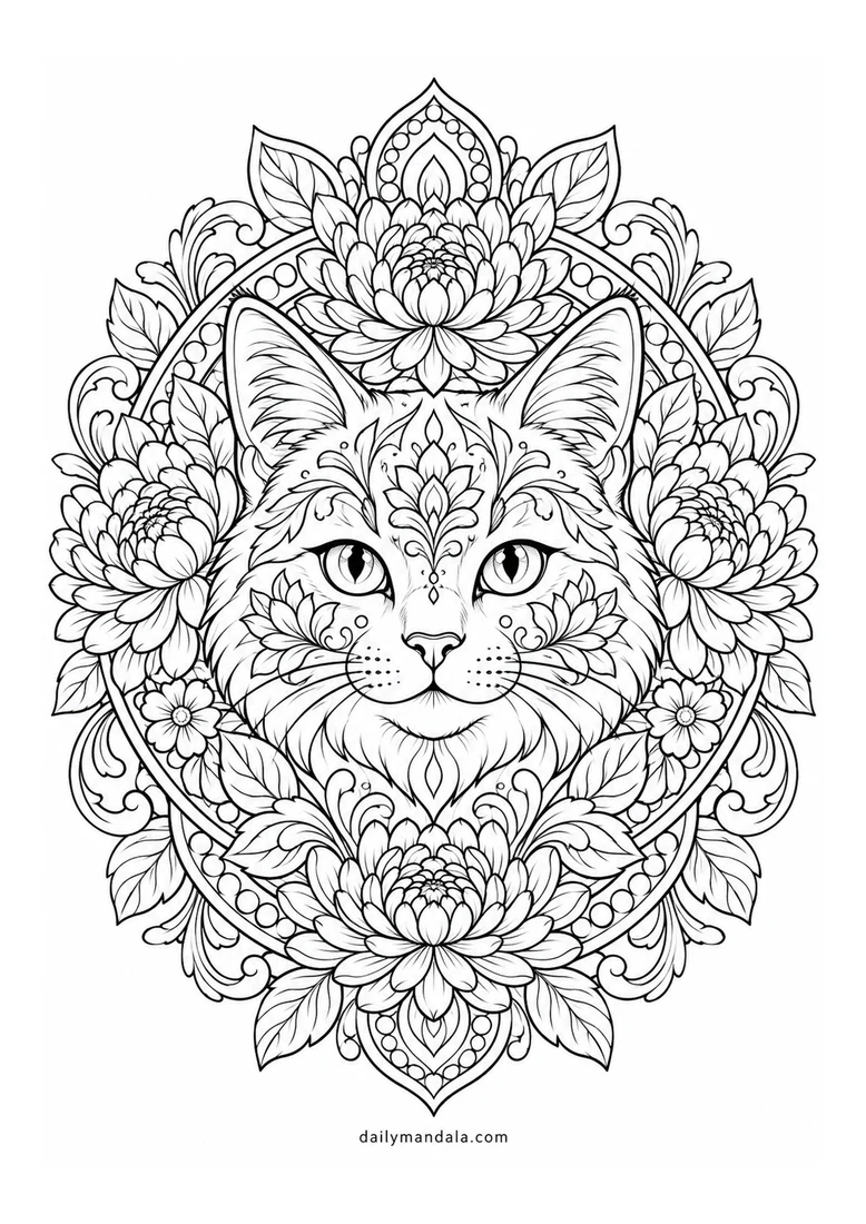 Cat and Chrysanthemum Mandala coloring page
