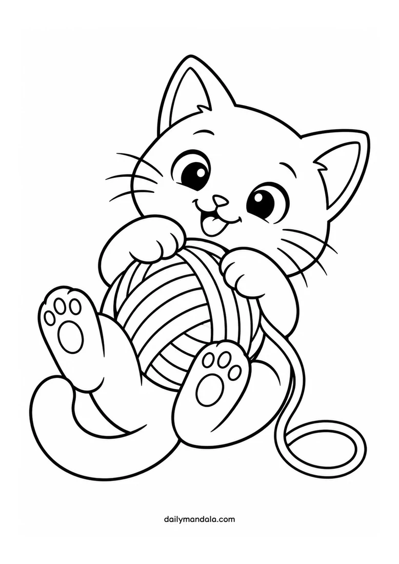 Playful Kitten and Yarn Ball coloring page