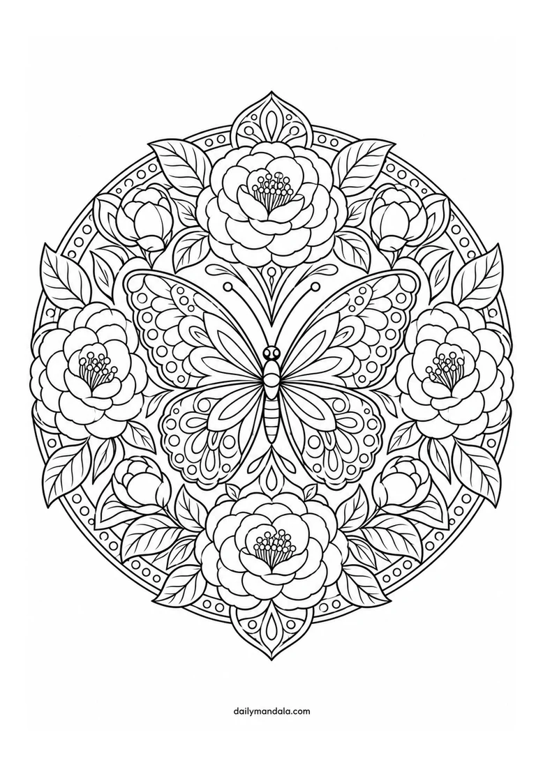 Butterfly Camellia Mandala coloring page