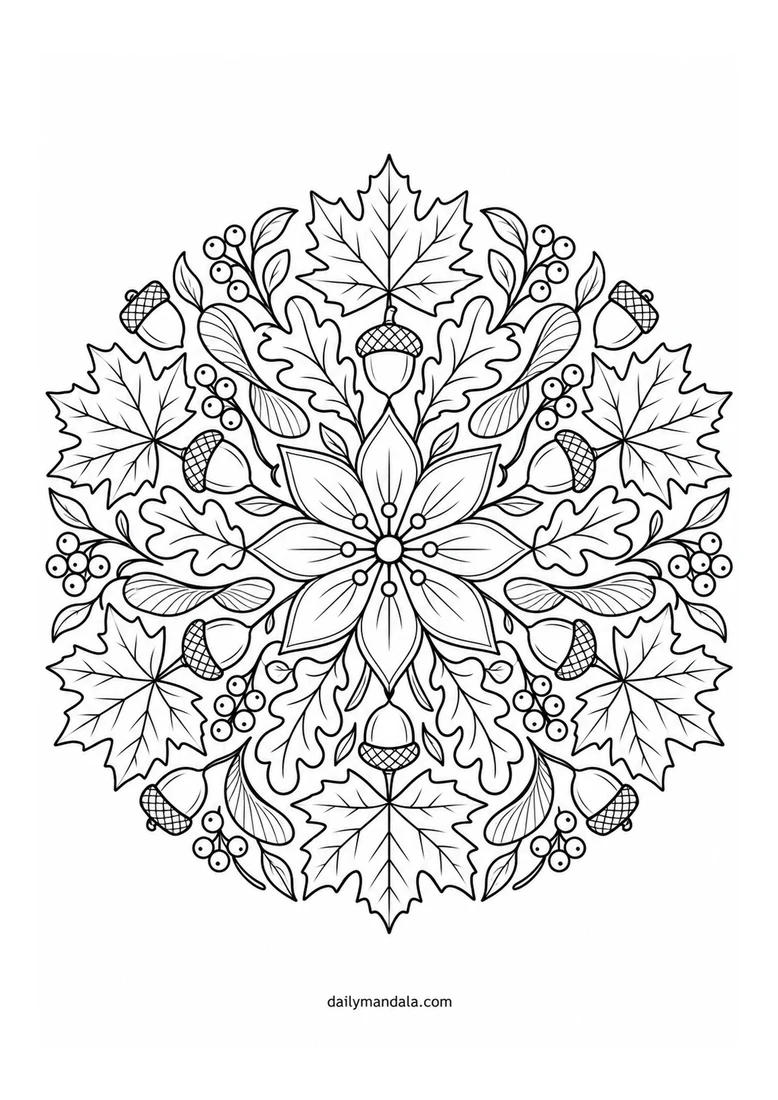 Maple Leaf and Acorn Mandala coloring page