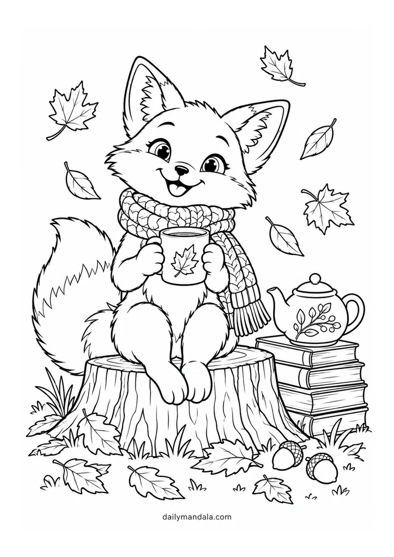 Fox Tea Break in the Autumn Woods coloring page