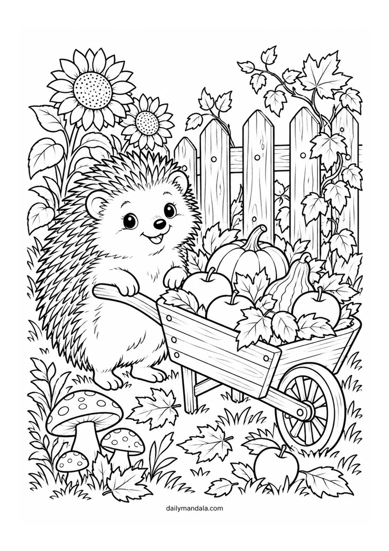 Hedgehog Harvest Wheelbarrow coloring page