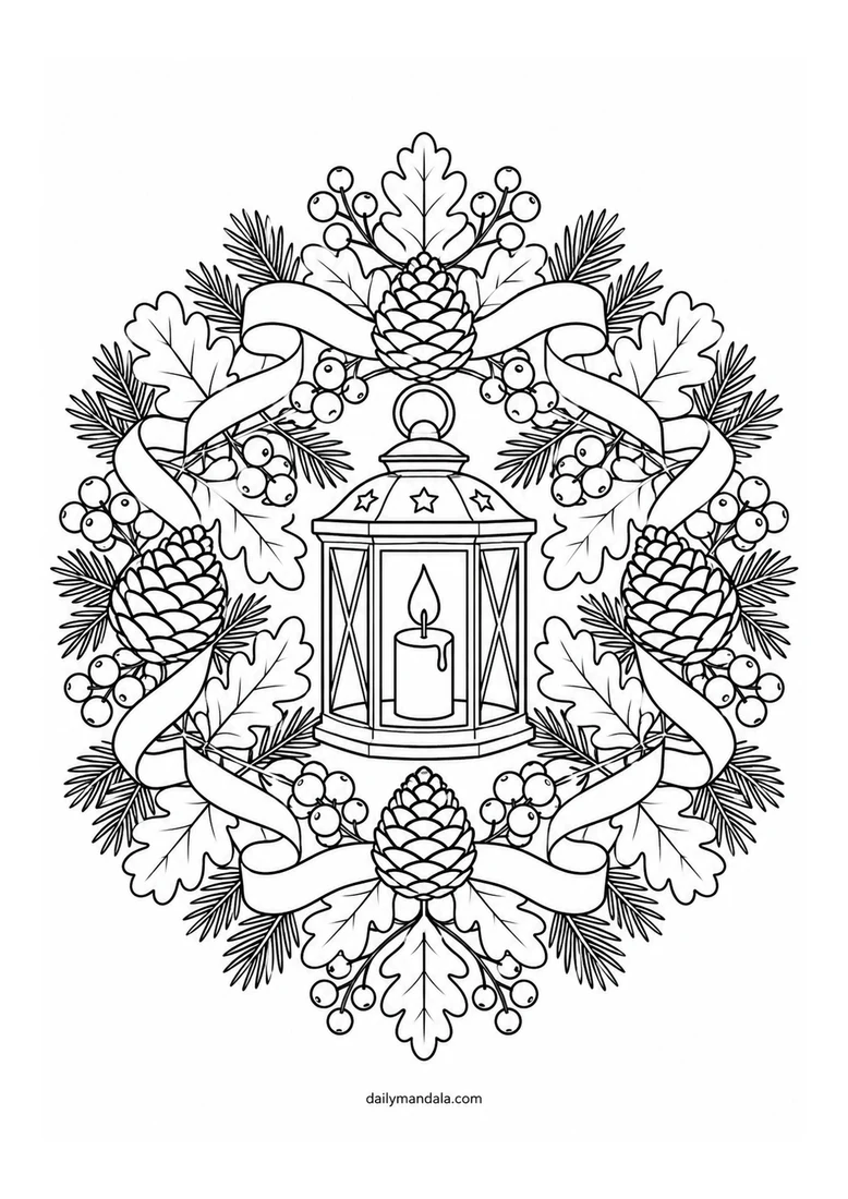 Autumn Candle and Pinecone Mandala coloring page