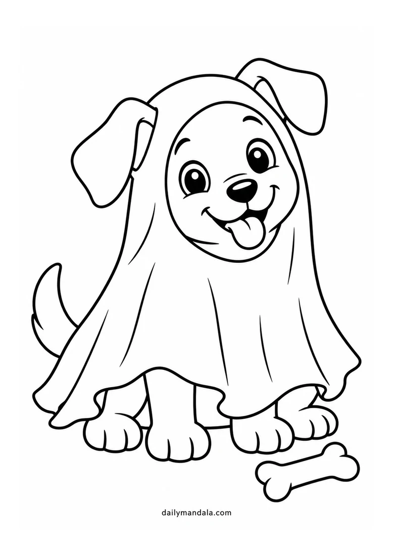 Puppy in a Ghost Costume coloring page