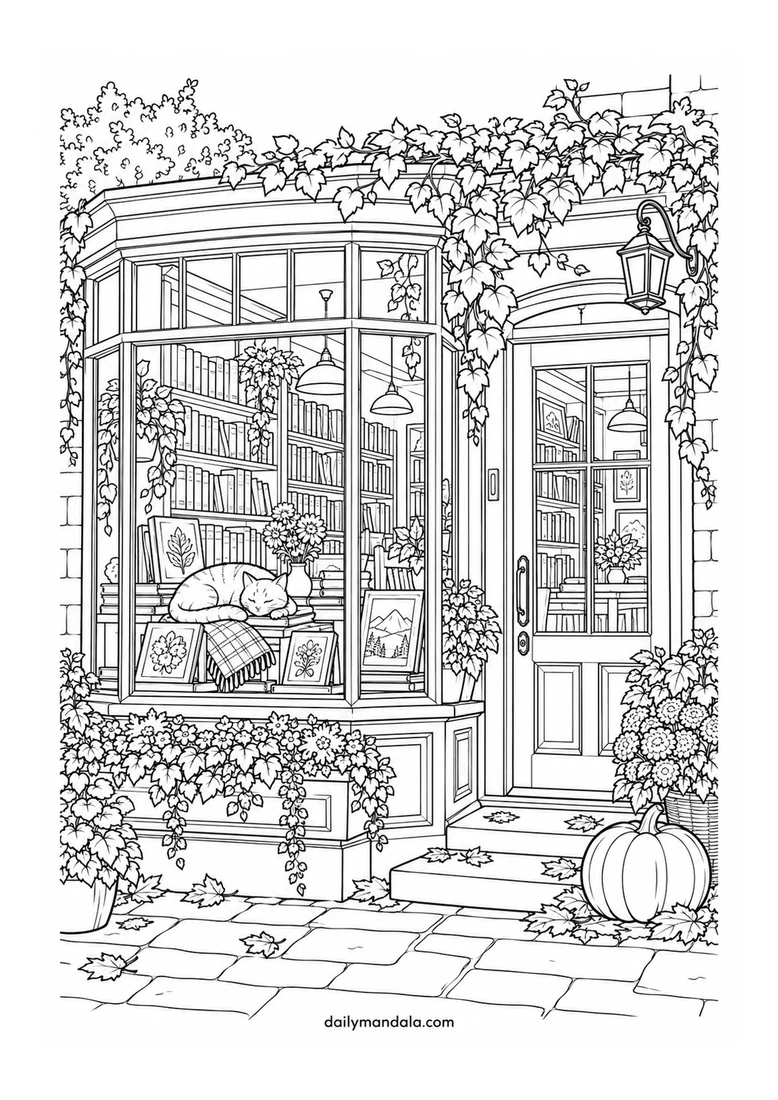 Cozy Autumn Bookshop Window coloring page