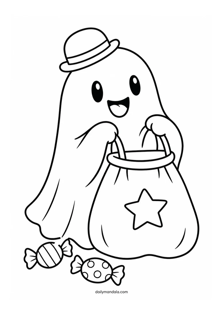Friendly Ghost with a Candy Bag coloring page