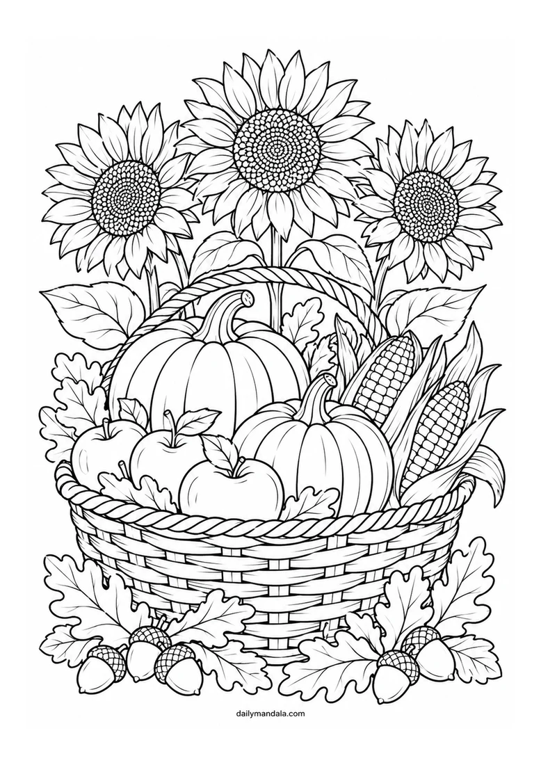 Harvest Basket with Sunflowers coloring page