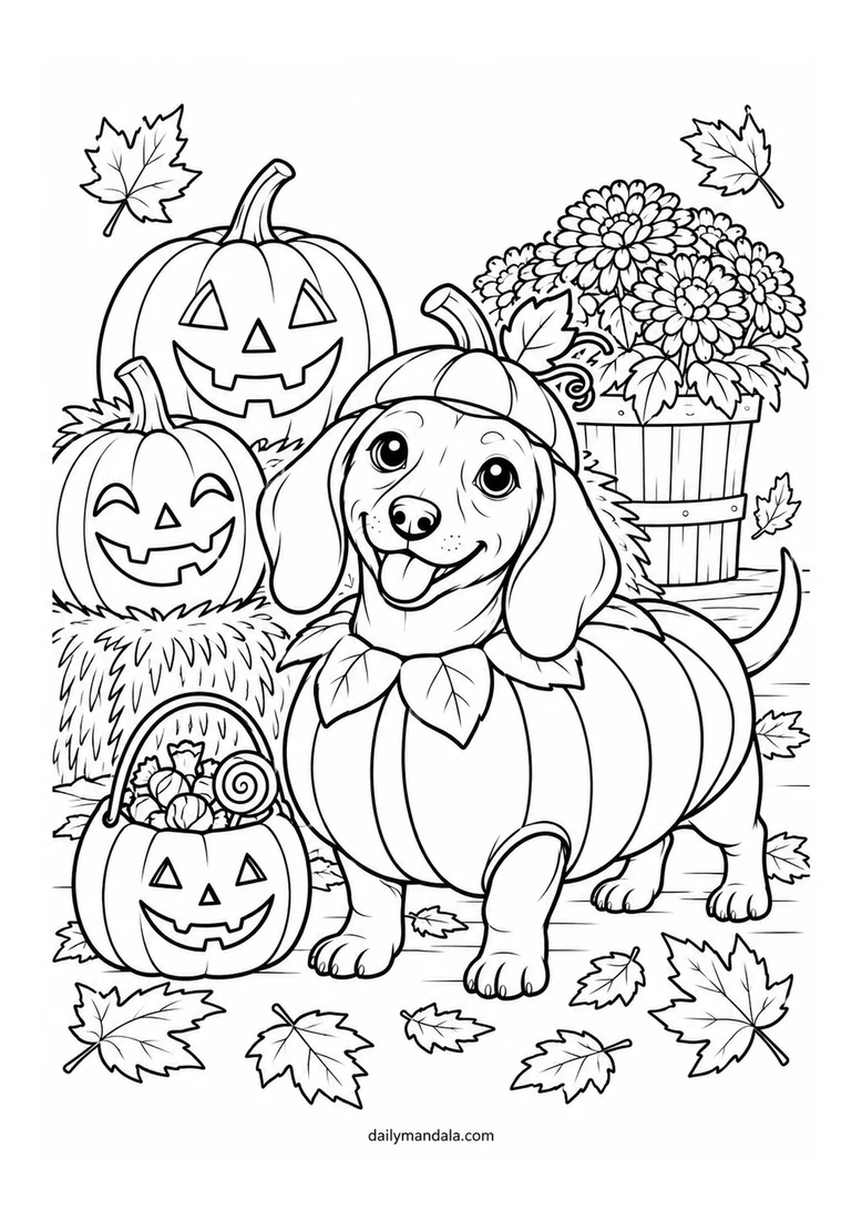 Dachshund in a Pumpkin Costume coloring page