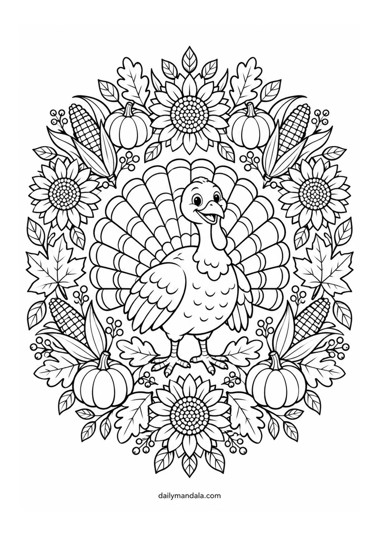Turkey and Sunflower Mandala coloring page