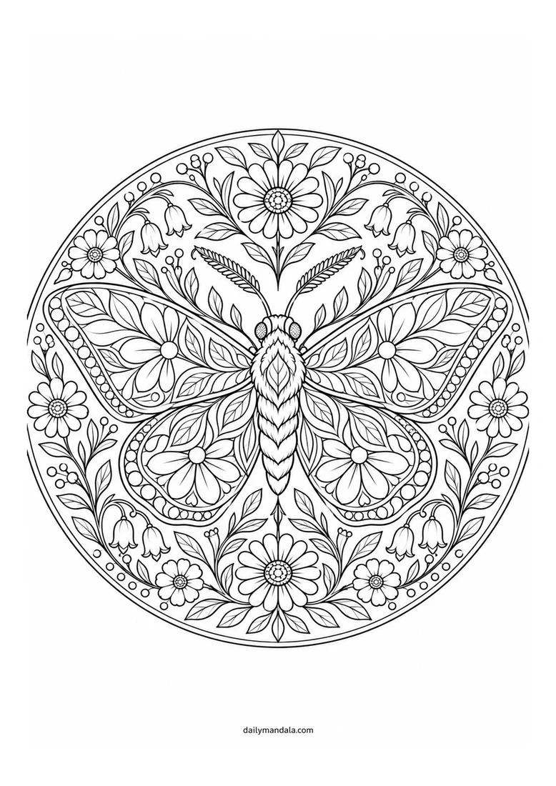 Moth and Meadow Mandala coloring page