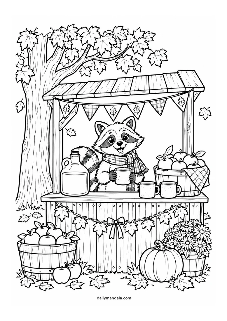 Raccoon Apple Cider Stand coloring page