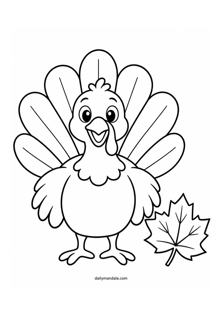 Easy Turkey with Autumn Leaf coloring page