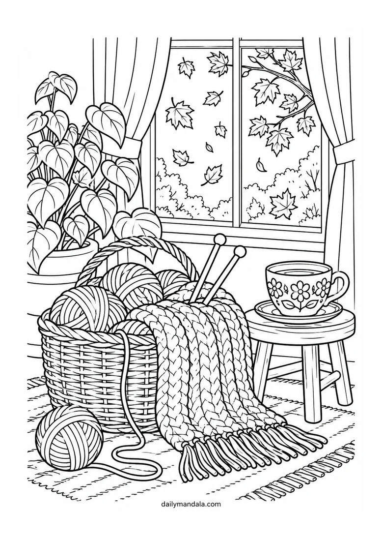 Cozy Knitting Basket by the Window coloring page