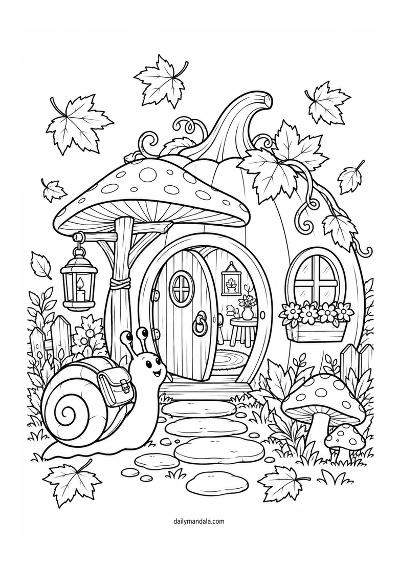 Snail at the Pumpkin Cottage coloring page