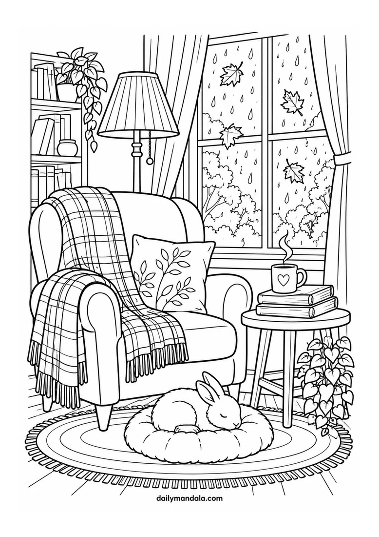 Rainy Autumn Window Reading Corner coloring page
