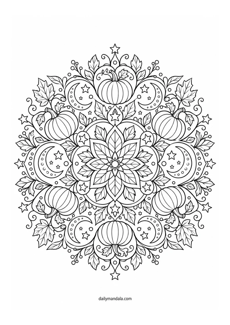 Moonlit Pumpkin Mandala coloring page