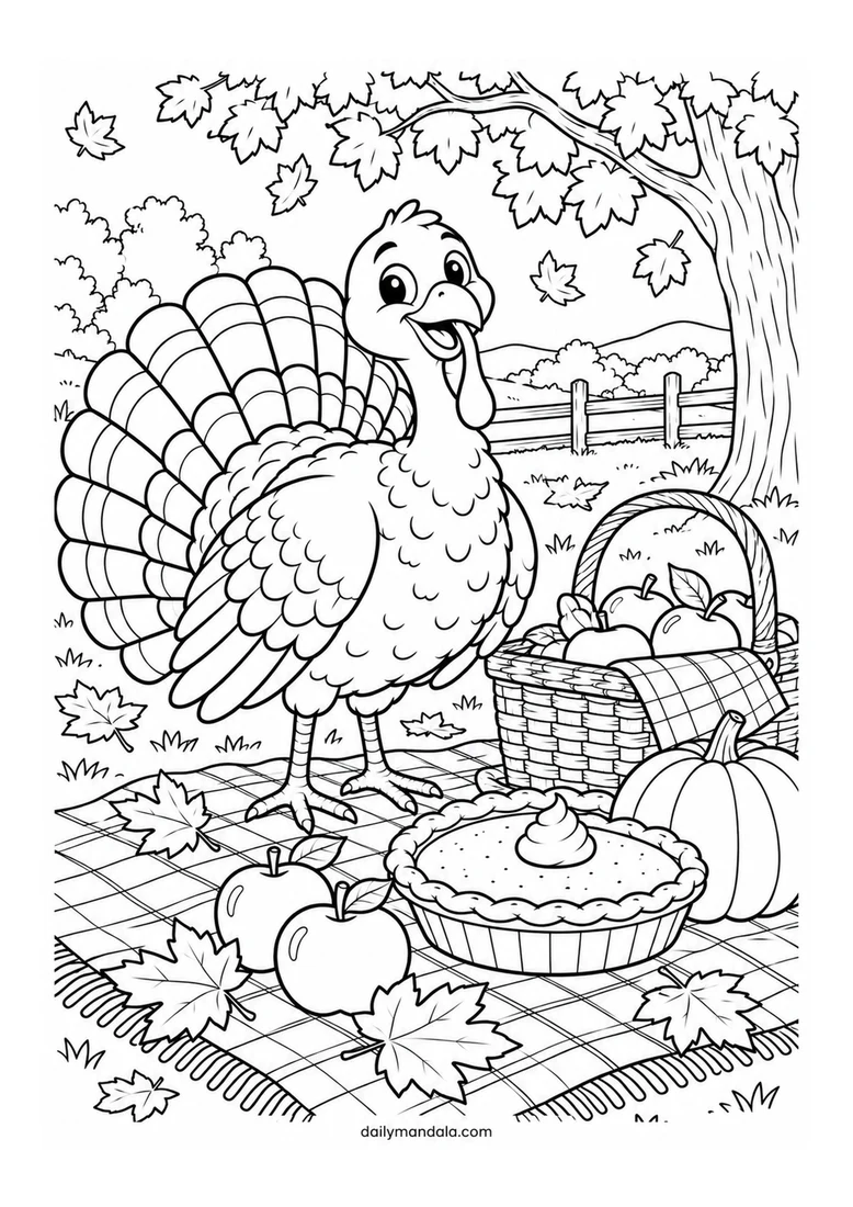 Thanksgiving Turkey and Pie Picnic coloring page