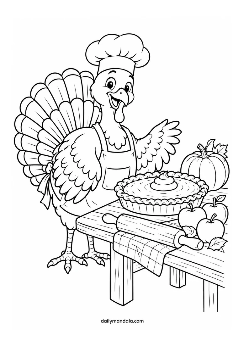 Turkey Baker and Pumpkin Pie coloring page