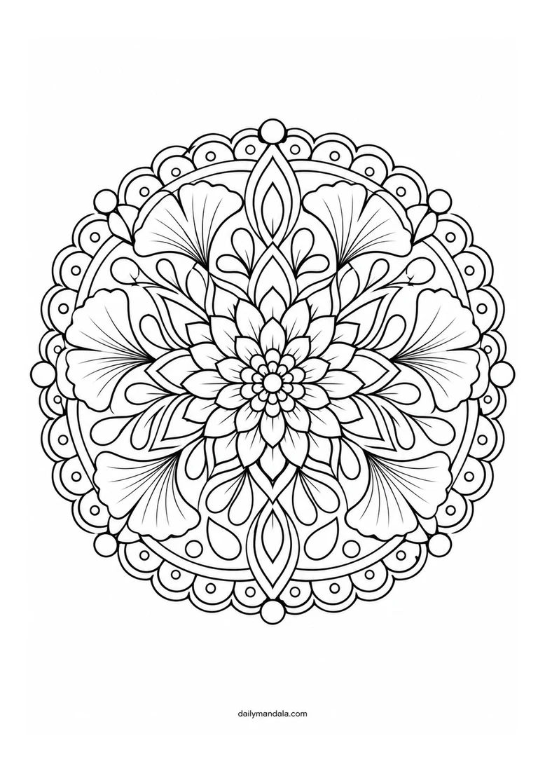 Dahlia and Ginkgo Mandala coloring page