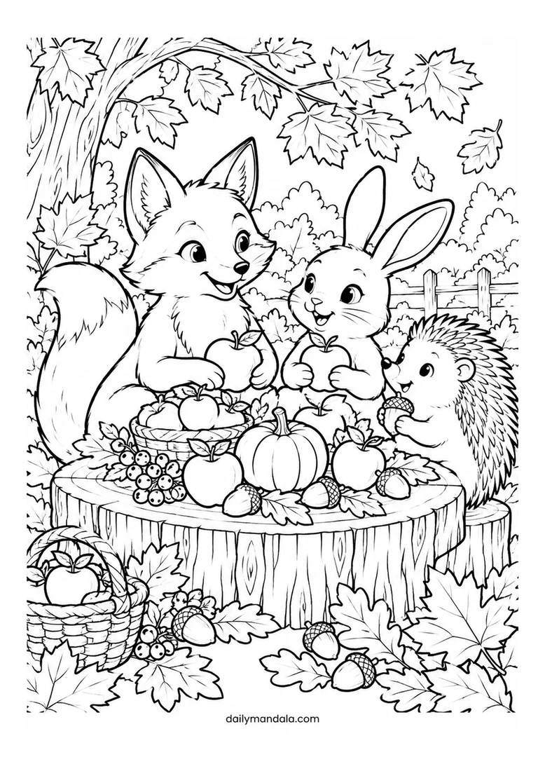 Thankful Woodland Friends coloring page