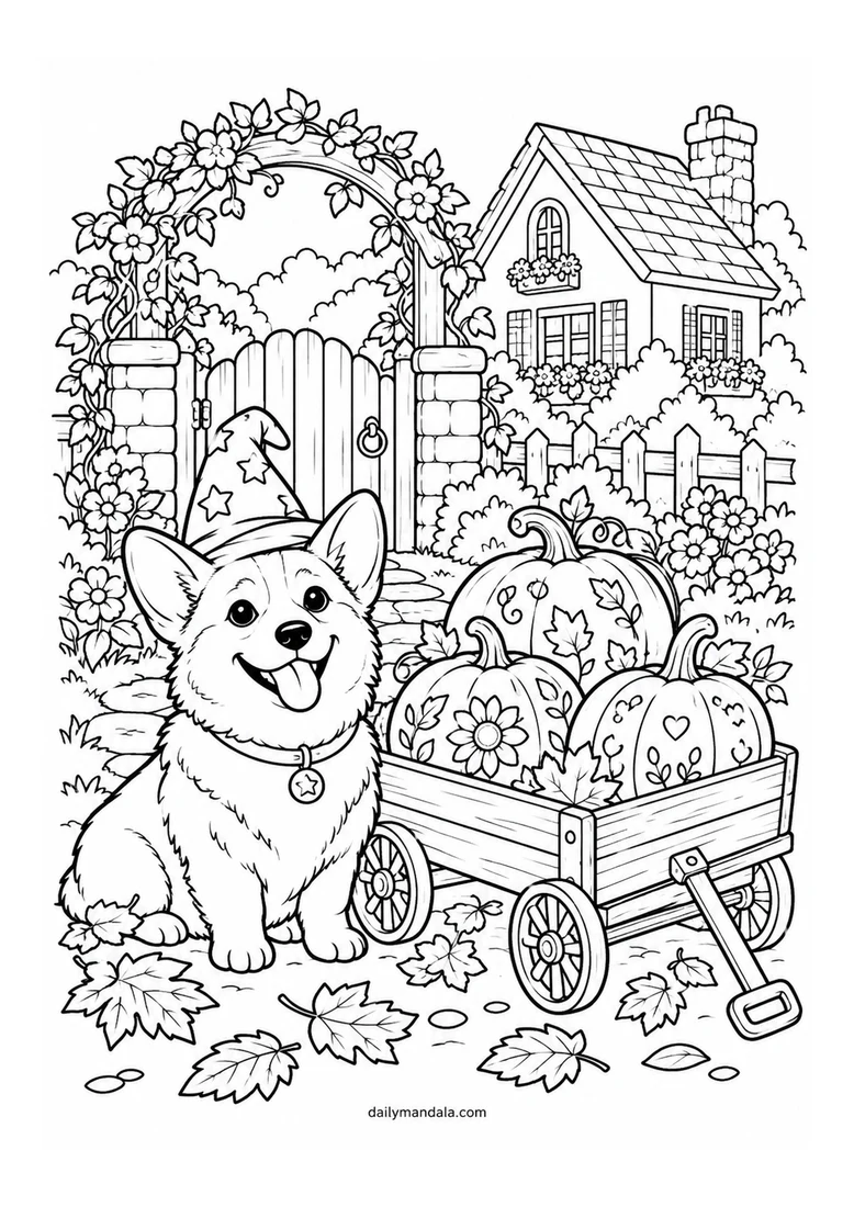 Corgi Wizard and Pumpkin Wagon coloring page