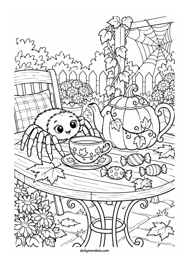 Little Spider Halloween Tea Party coloring page