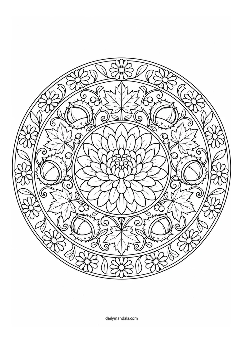 Chestnut and Chrysanthemum Mandala coloring page