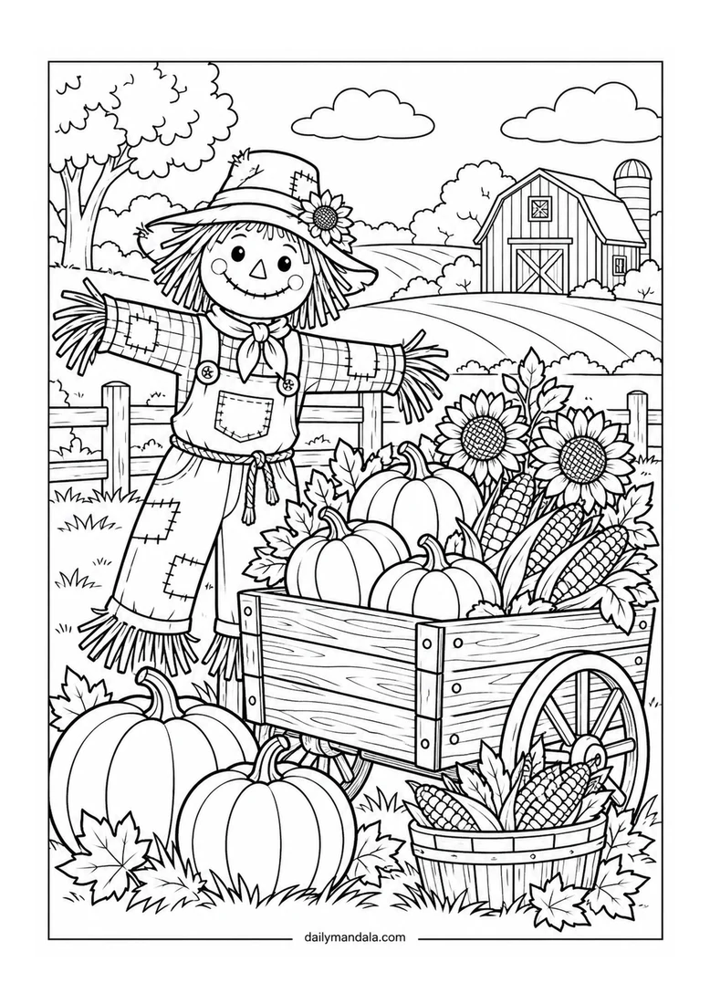 Friendly Scarecrow Harvest Cart coloring page