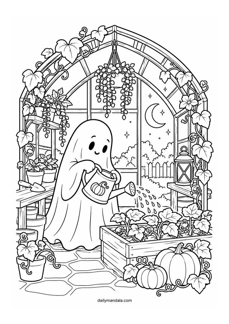 Friendly Ghost in the Moonlit Greenhouse coloring page