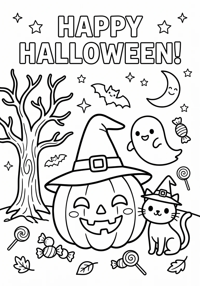 Happy Halloween Pumpkin and Witch Cat coloring page