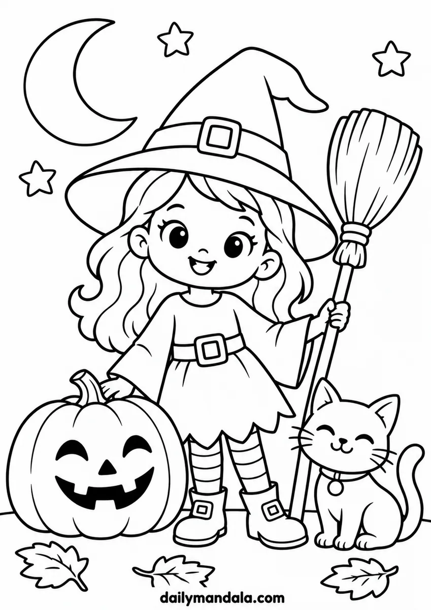 Friendly Witch with Cat and Pumpkin coloring page