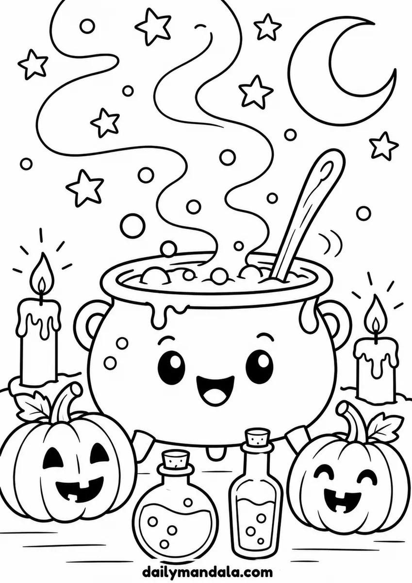 Smiling Halloween Potion Cauldron coloring page